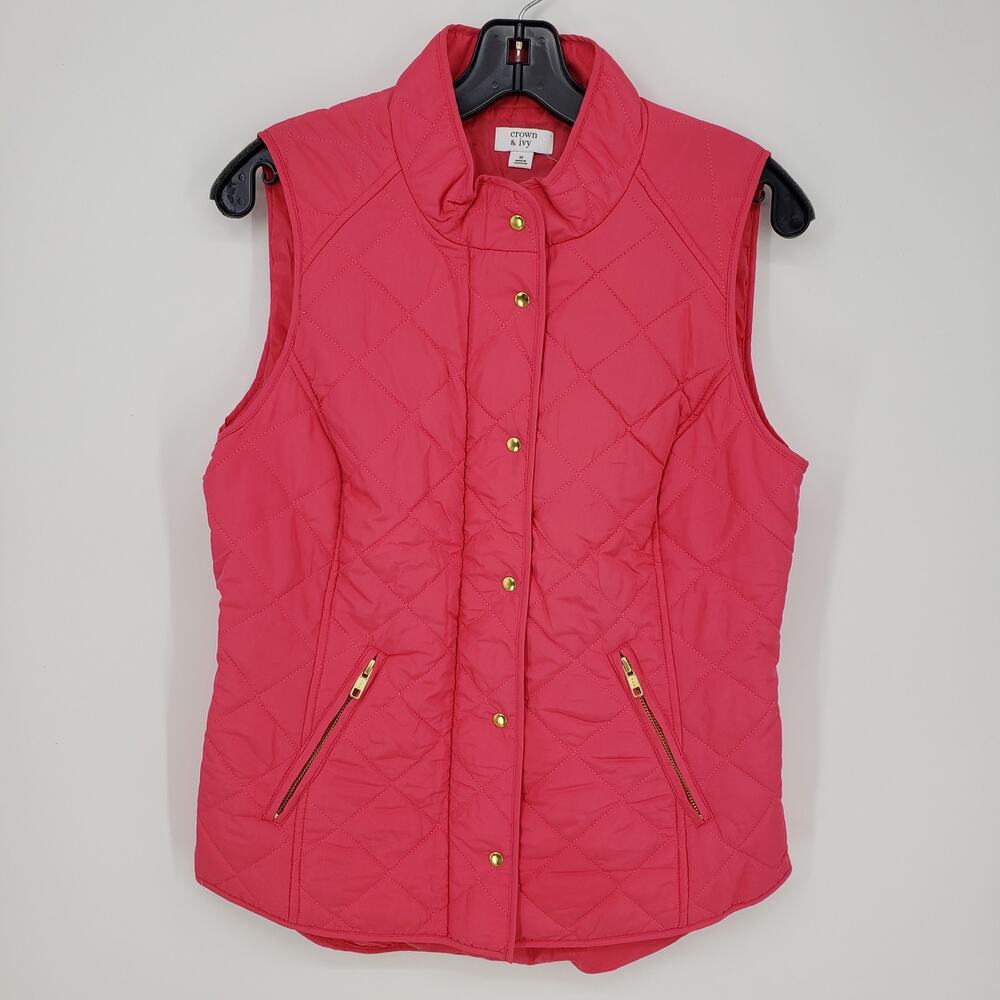 Crown & Ivy Diamond Quilted Puffer Vest M Women's Preppy Classic Coral Pink‎